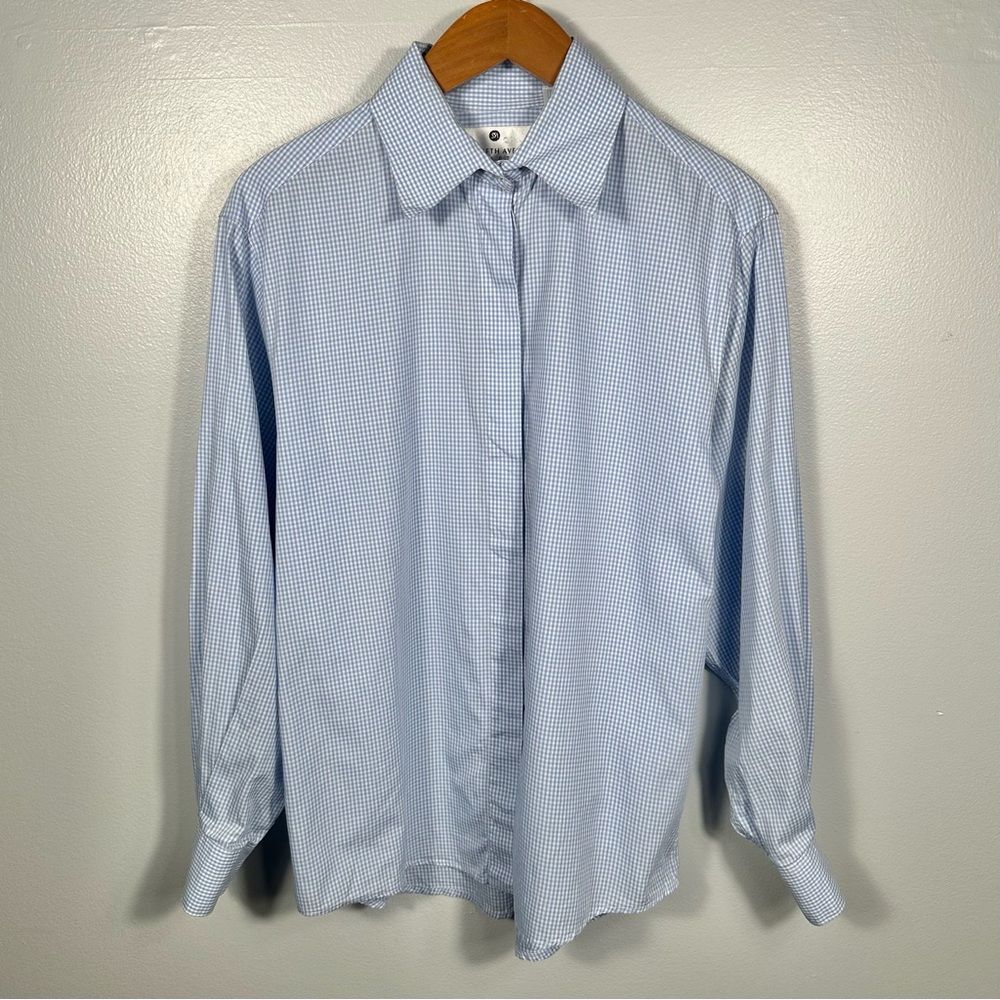 Saks Fifth Avenue Blue White Checkered Button-Up Shirt Size 10 Professional Work